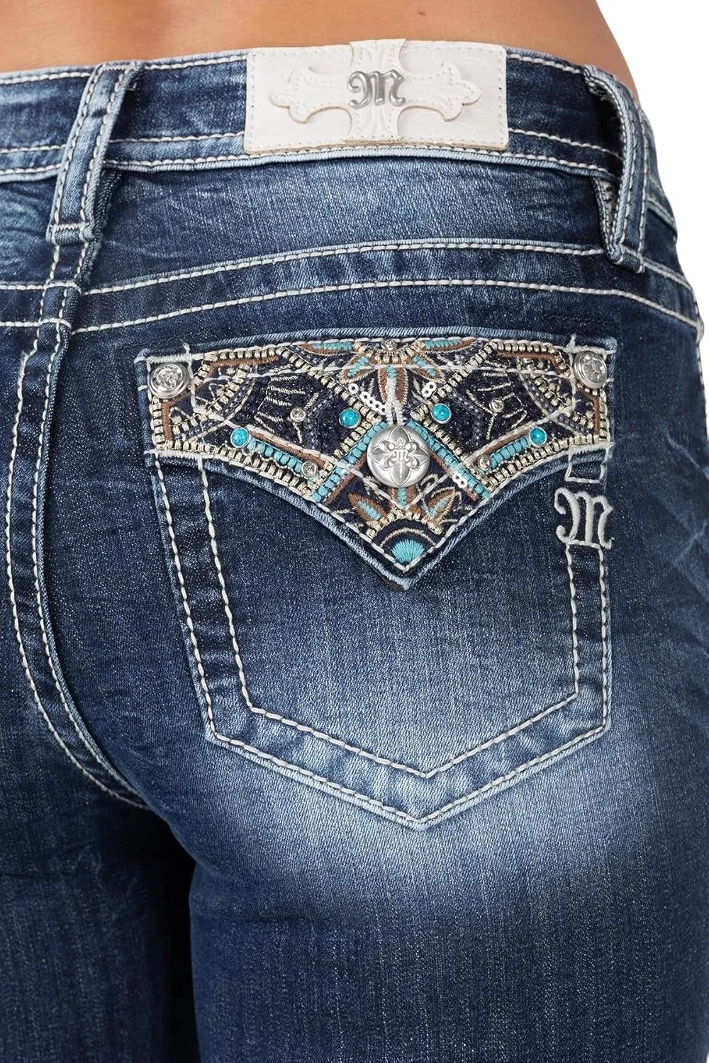 Miss Me Women's Gold and Turquoise Floral Mid-Rise Bootcut Jeans
