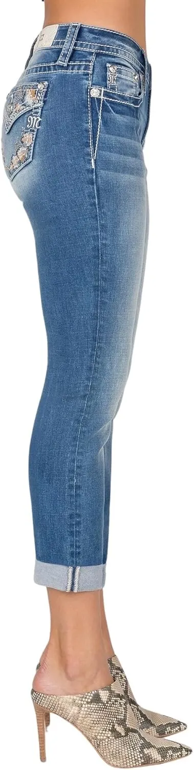 Miss Me Women's Mid Rise Capri Jeans, Faux Flap Pockets with Floral Embroidery, Cropped Stretch Denim Pants