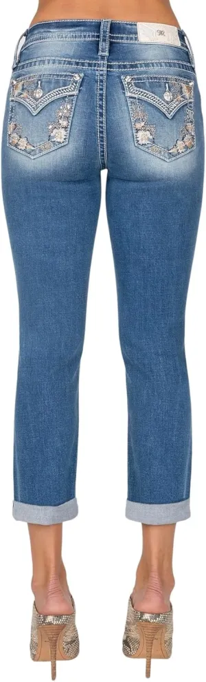 Miss Me Women's Mid Rise Capri Jeans, Faux Flap Pockets with Floral Embroidery, Cropped Stretch Denim Pants