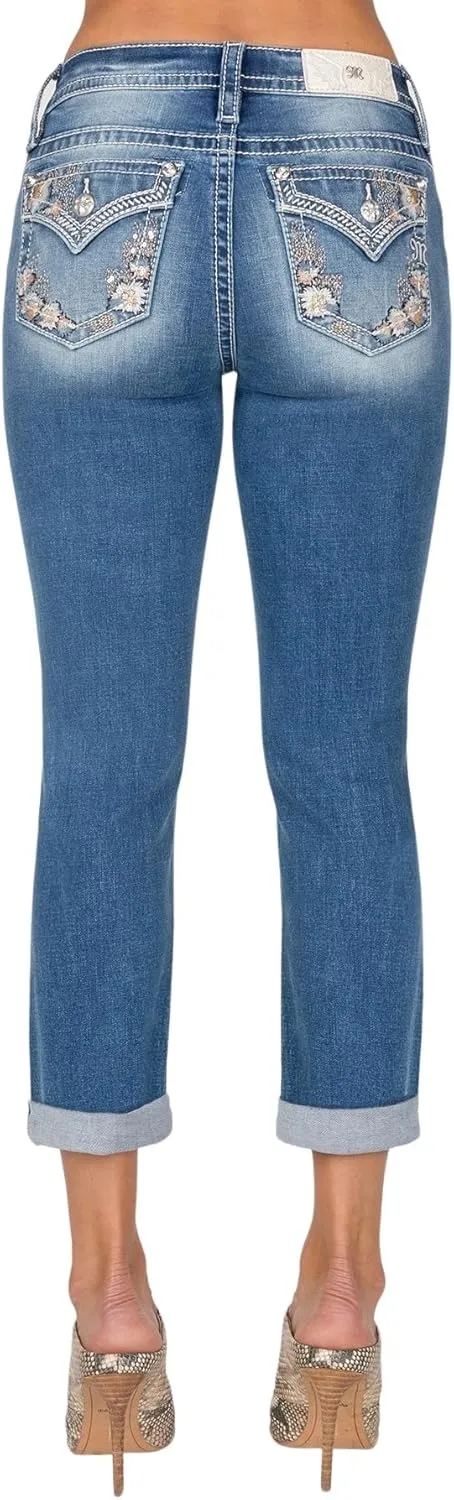 Miss Me Women's Mid Rise Capri Jeans, Faux Flap Pockets with Floral Embroidery, Cropped Stretch Denim Pants