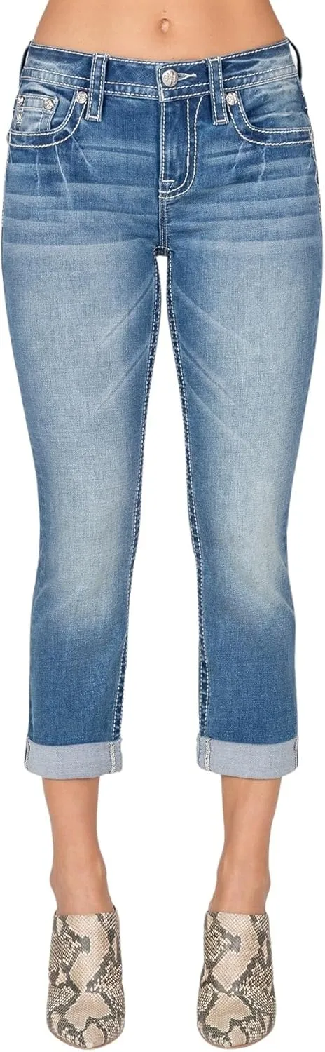 Miss Me Women's Mid Rise Capri Jeans, Faux Flap Pockets with Floral Embroidery, Cropped Stretch Denim Pants