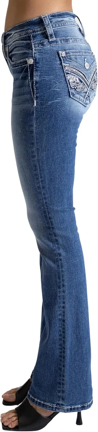 Miss Me Women's V Floral Faux Flap Pockets Mid-Rise Bootcut Jeans