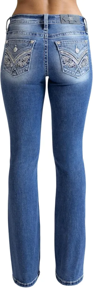 Miss Me Women's V Floral Faux Flap Pockets Mid-Rise Bootcut Jeans