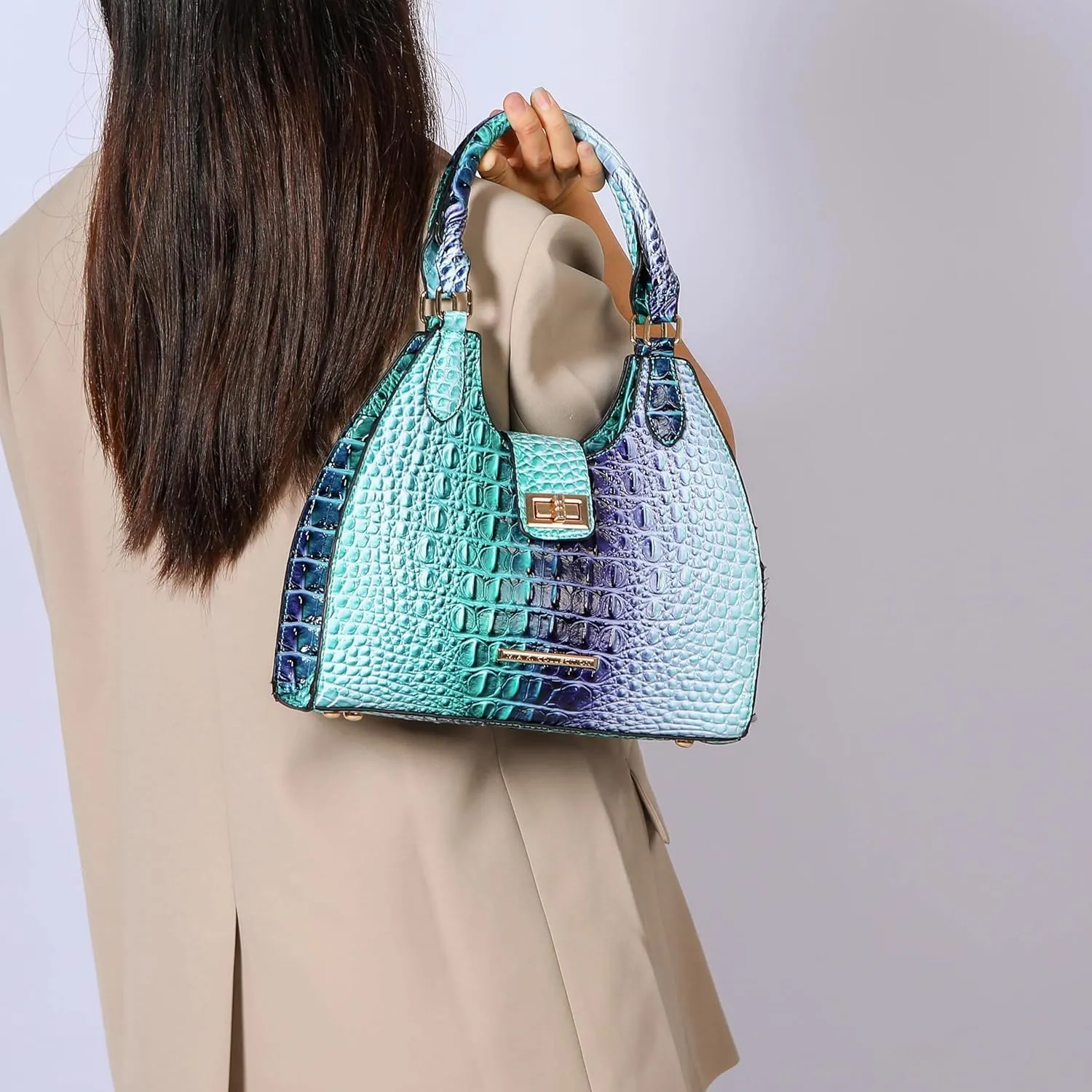 MKF Collection Women Tote Bag, Gradient Rainbow Faux Crocodile-Embossed Vegan Leather Handbag Purse by Mia K