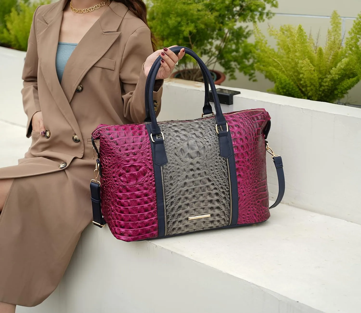 MKF CollectionTravel Duffle Bag for Women, Crocodile-Embossed Vegan Leather Large Overnight Fashion Weekender Carry on Bags