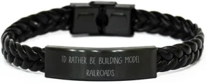 Model Railroads Gifts For Friends, I'd Rather Be, Sarcastic Model Railroads Braided Leather Bracelet, Engraved Bracelet From, Model train set, Model trains, Model railway, Toy train