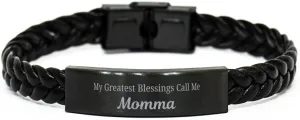 Momma Braided Leather Bracelet, My Greatest Blessings Call Me Momma Sentimental Heartfelt Christmas Birthday Engraved Gifts for Men Women