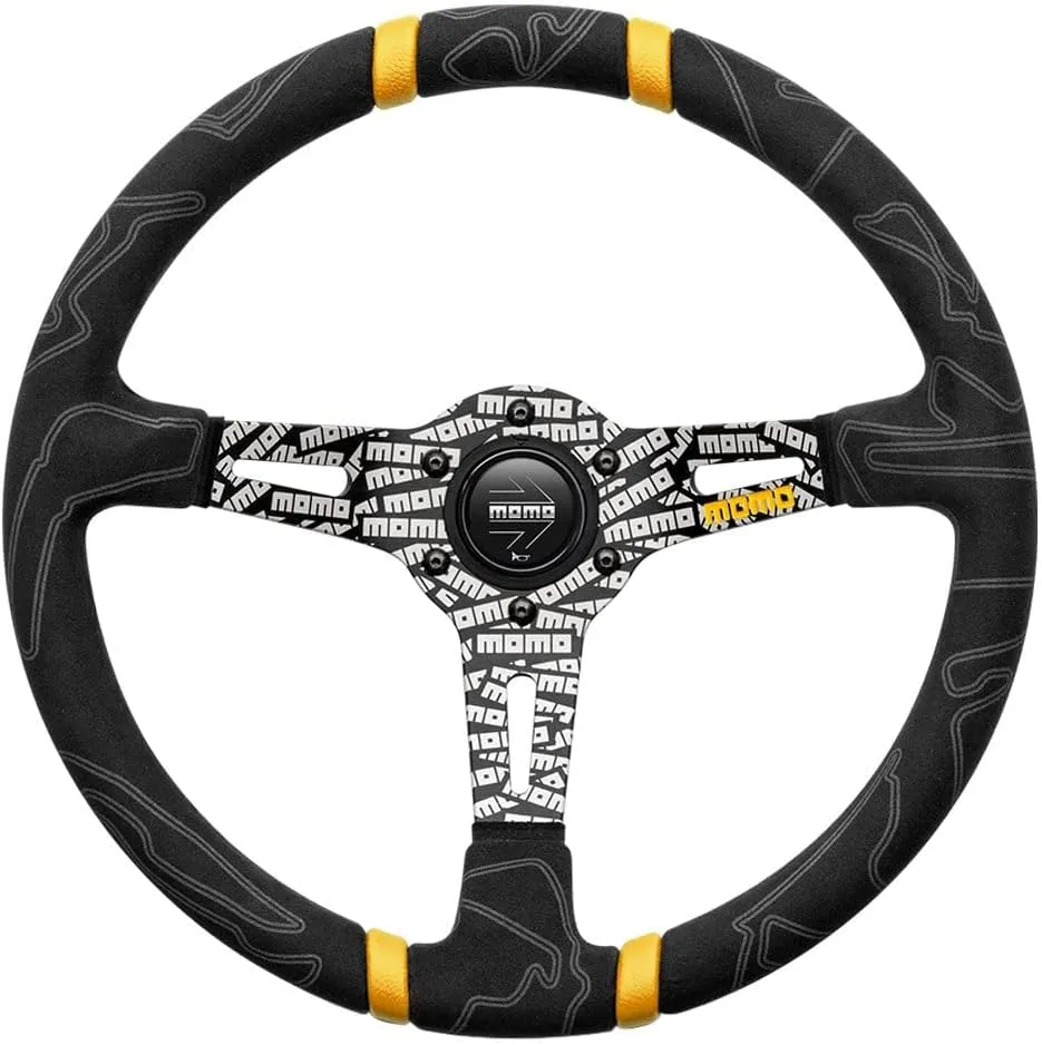 MOMO Motorsport Ultra Street Steering Wheel Black Premium Microfiber Grip Black Anodized w/Logo, Yellow Double Center Stripes, 350mm