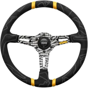 MOMO Motorsport Ultra Street Steering Wheel Black Premium Microfiber Grip Black Anodized w/Logo, Yellow Double Center Stripes, 350mm