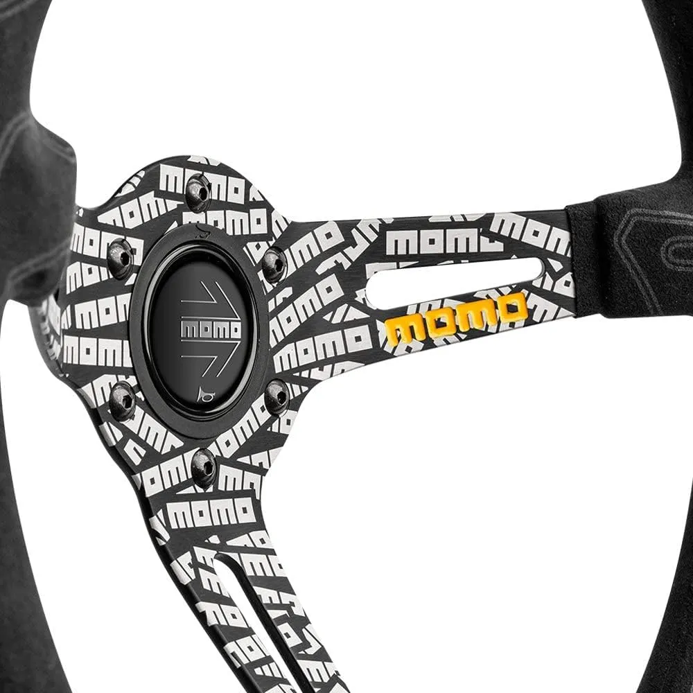 MOMO Motorsport Ultra Street Steering Wheel Black Premium Microfiber Grip Black Anodized w/Logo, Yellow Double Center Stripes, 350mm