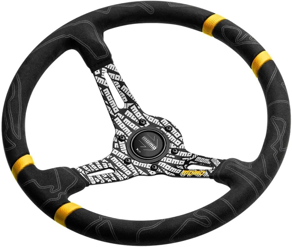 MOMO Motorsport Ultra Street Steering Wheel Black Premium Microfiber Grip Black Anodized w/Logo, Yellow Double Center Stripes, 350mm