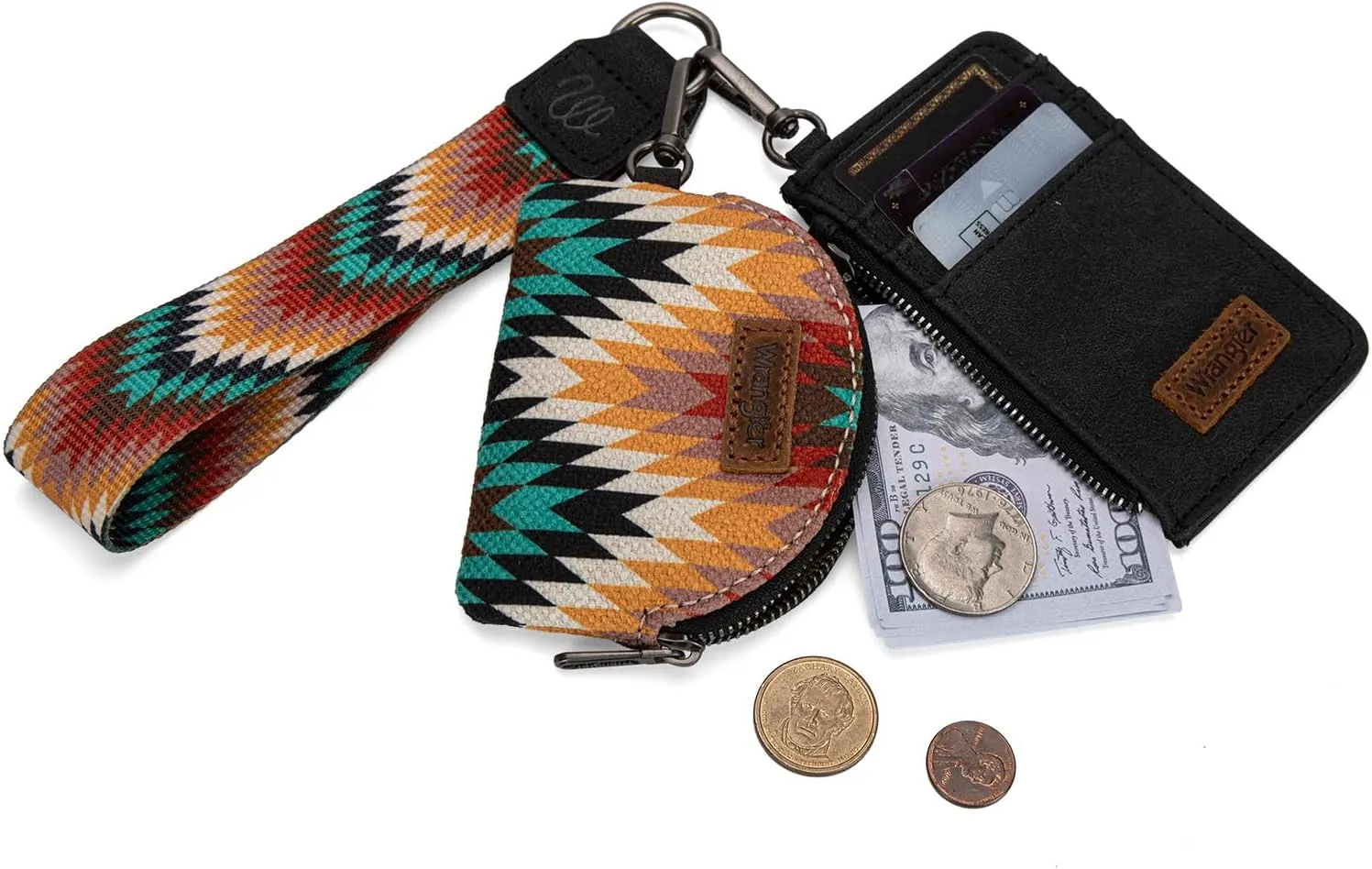 Montana West Wrangler Aztec Keychain Wristlet Wallets for Women Western Dual Pouch Wristlet Credit Card Holder Wallet with Zipper Pocket WG2211-W0051BK