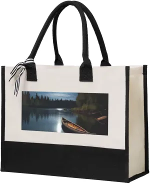 Moonlit Canoe Allagash River Print Canvas Shopping Bag Reusable Handbag For Everyday And Special Occasions