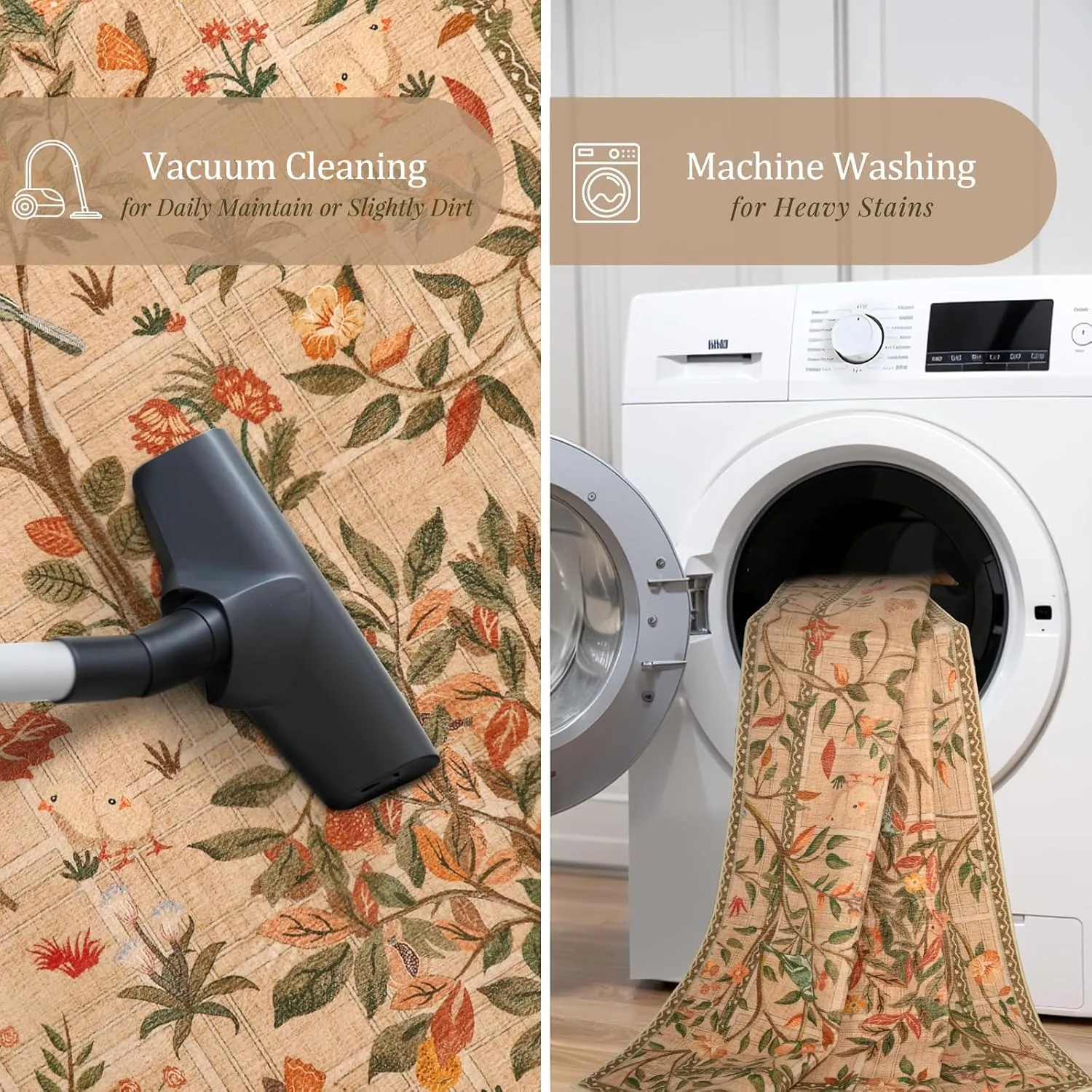 Morebes Machine Washable 5x7 Area Rugs for Living Room, Boho Floral Dining Room Rug Non Slip, Soft Low-Pile Flower Indoor Floor Throw Carpet for Living Room Home Office Playroom Foyer, Brown