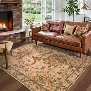 Morebes Machine Washable 5x7 Area Rugs for Living Room, Boho Floral Dining Room Rug Non Slip, Soft Low-Pile Flower Indoor Floor Throw Carpet for Living Room Home Office Playroom Foyer, Brown