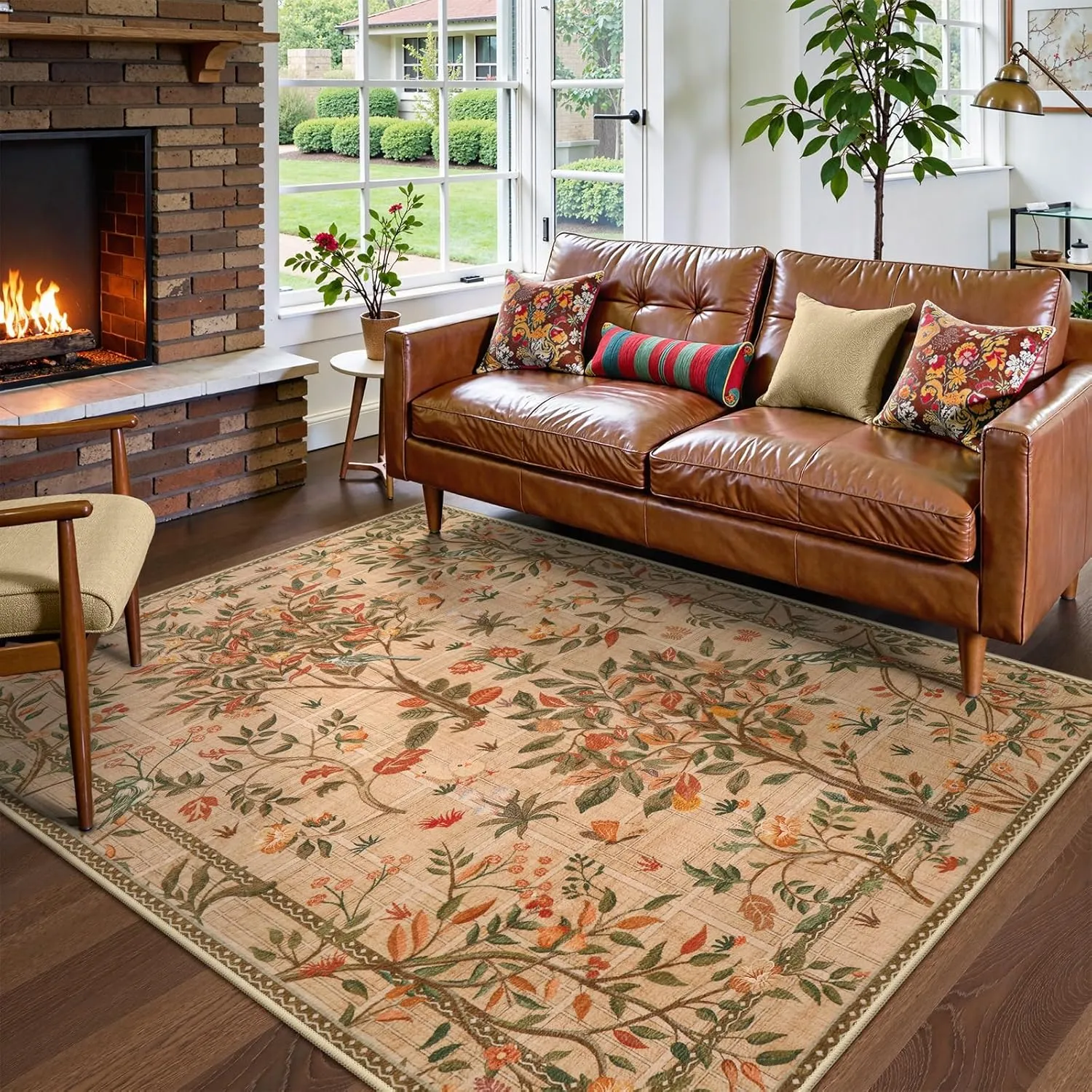 Morebes Machine Washable 5x7 Area Rugs for Living Room, Boho Floral Dining Room Rug Non Slip, Soft Low-Pile Flower Indoor Floor Throw Carpet for Living Room Home Office Playroom Foyer, Brown