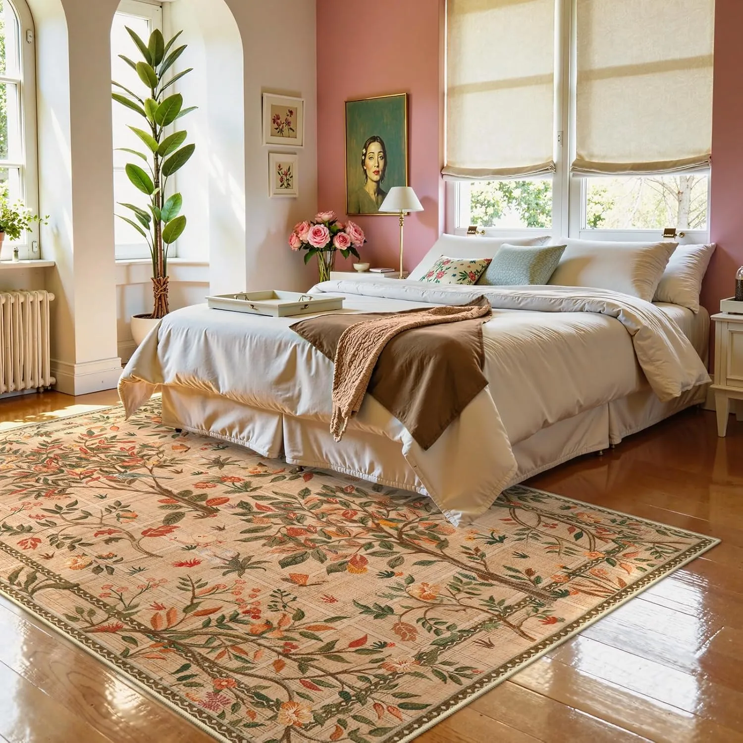 Morebes Machine Washable 5x7 Area Rugs for Living Room, Boho Floral Dining Room Rug Non Slip, Soft Low-Pile Flower Indoor Floor Throw Carpet for Living Room Home Office Playroom Foyer, Brown
