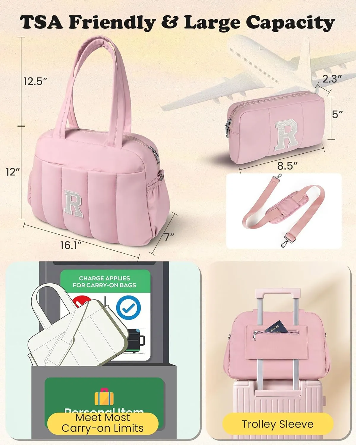 Mothers Day Gifts for Mom-Duffel Bag for Female, Weekender Bags with Shoulder Strap, Overnight Bag for Women, Travel Bags with Makeup Pouch，Gifts for Women - 30th 40th 50th (Letter A)