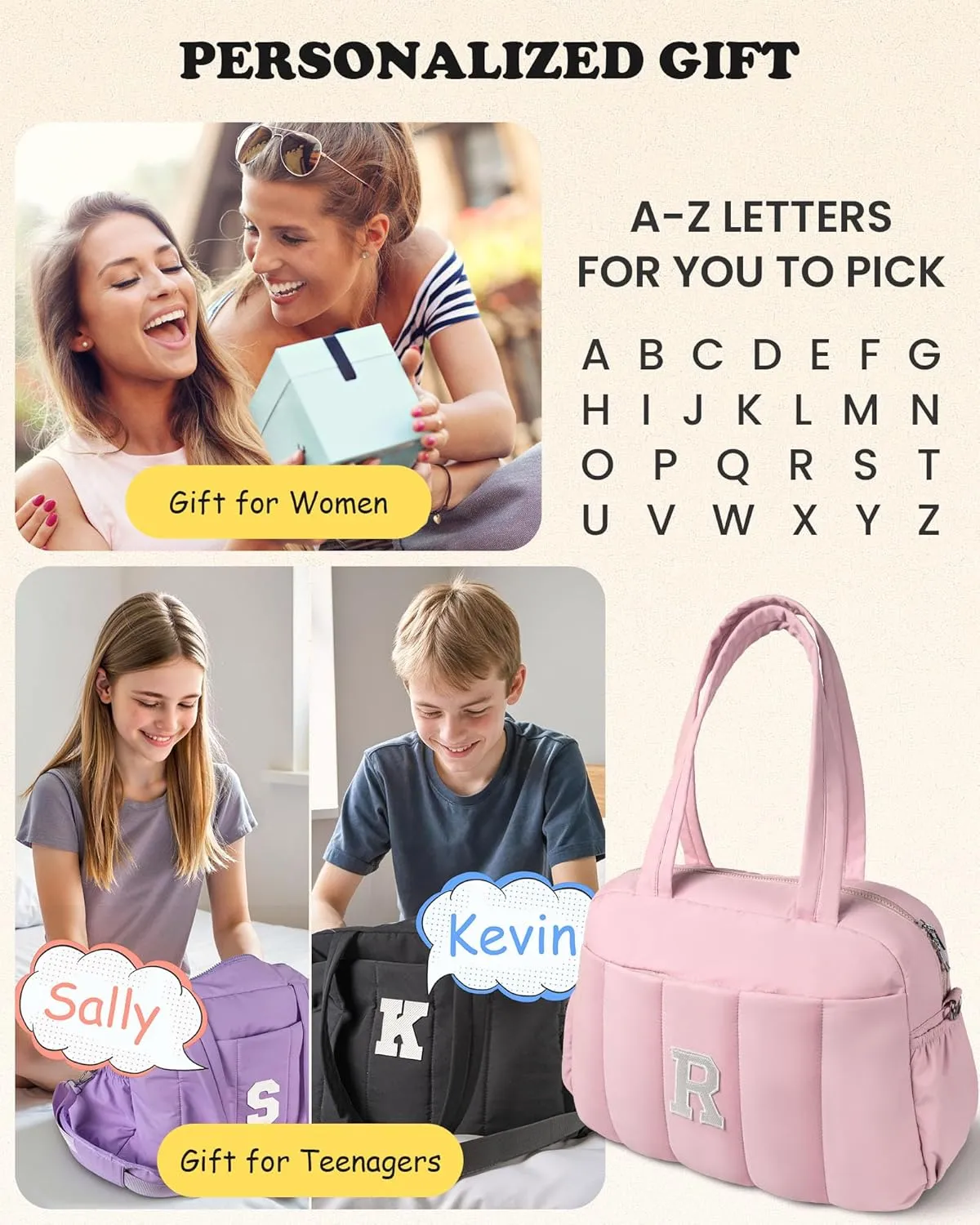 Mothers Day Gifts for Mom-Initial Lightweight Duffel Bag, Personalized Weekender Bag, Monogram Overnight Bags, Travel Bag with Makeup Pouch, Birthday Graduate Gift for Her (Letter J)