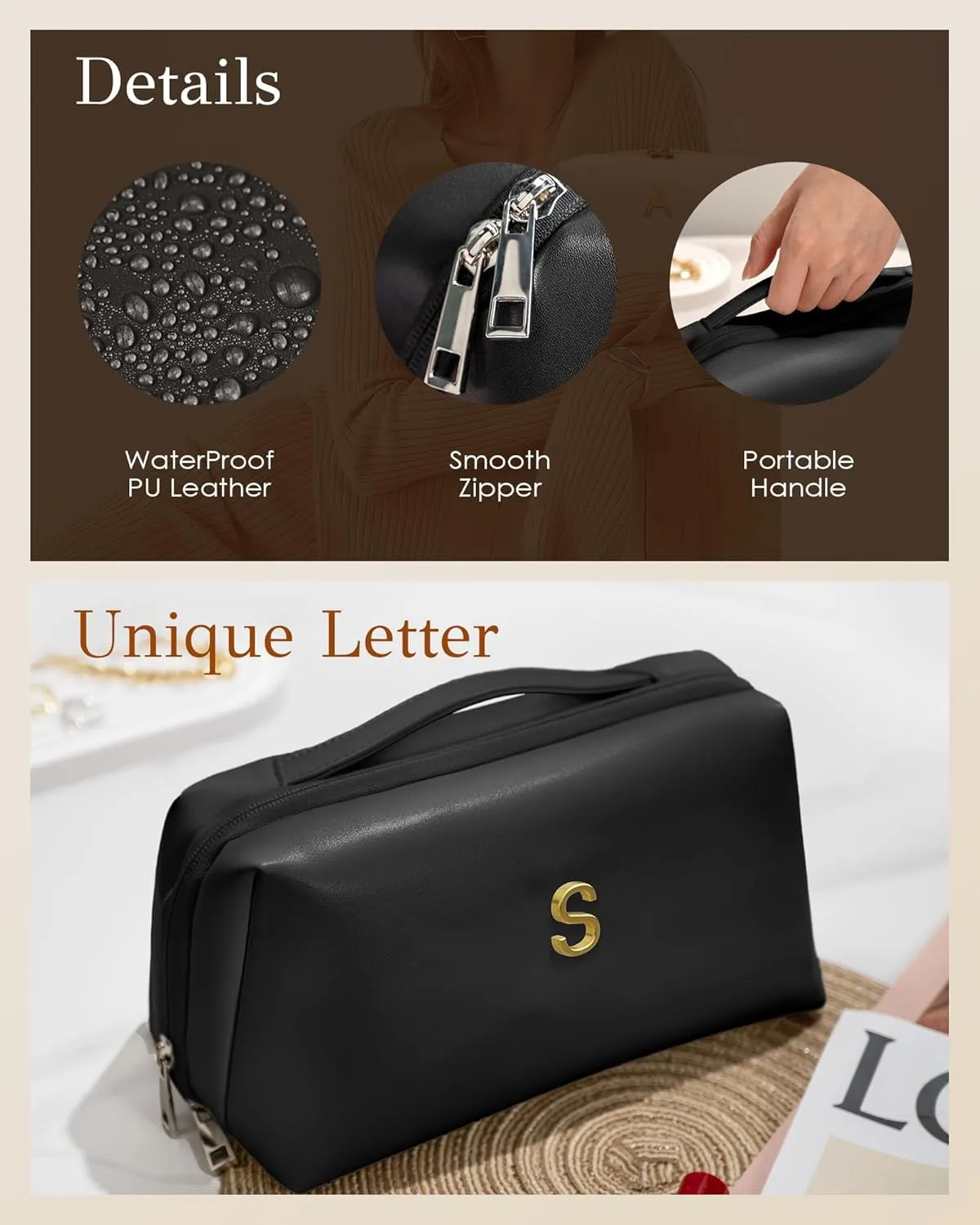 Mothers Day Gifts for Mom - Initial Makeup Bag for Women Girls, Bridesmaid Gifts, Teacher Appreciation Gifts, Graduation Gifts, Large Capacity & Wide Open Cosmetic Toiletry Bags, Friends Gift