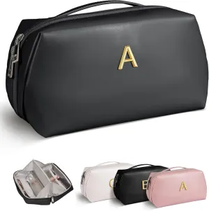 Mothers Day Gifts for Mom - Initial Makeup Bag for Women Girls, Bridesmaid Gifts, Teacher Appreciation Gifts, Graduation Gifts, Large Capacity & Wide Open Cosmetic Toiletry Bags, Friends Gift