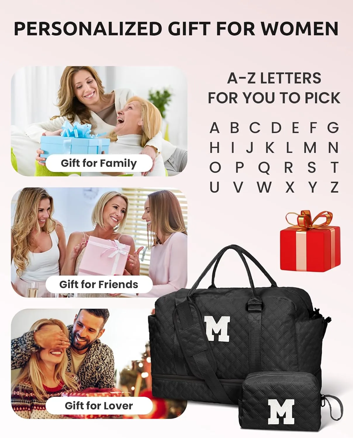 Mothers Day Gifts for Women-Initial Duffle Bag with Shoe Compartment, Personalized Weekender Bags, Monogram Overnight Bag for Women, Letter Travel Bags with Makeup Pouch (Letter A)