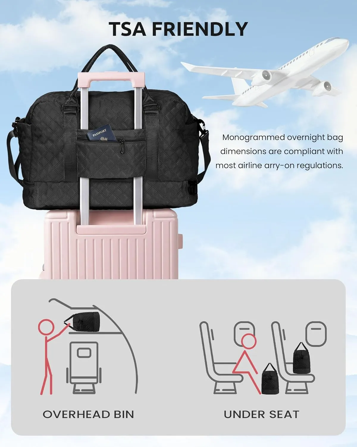 Mothers Day Gifts for Women-Initial Duffle Bag with Shoe Compartment, Personalized Weekender Bags, Monogram Overnight Bag for Women, Letter Travel Bags with Makeup Pouch (Letter A)