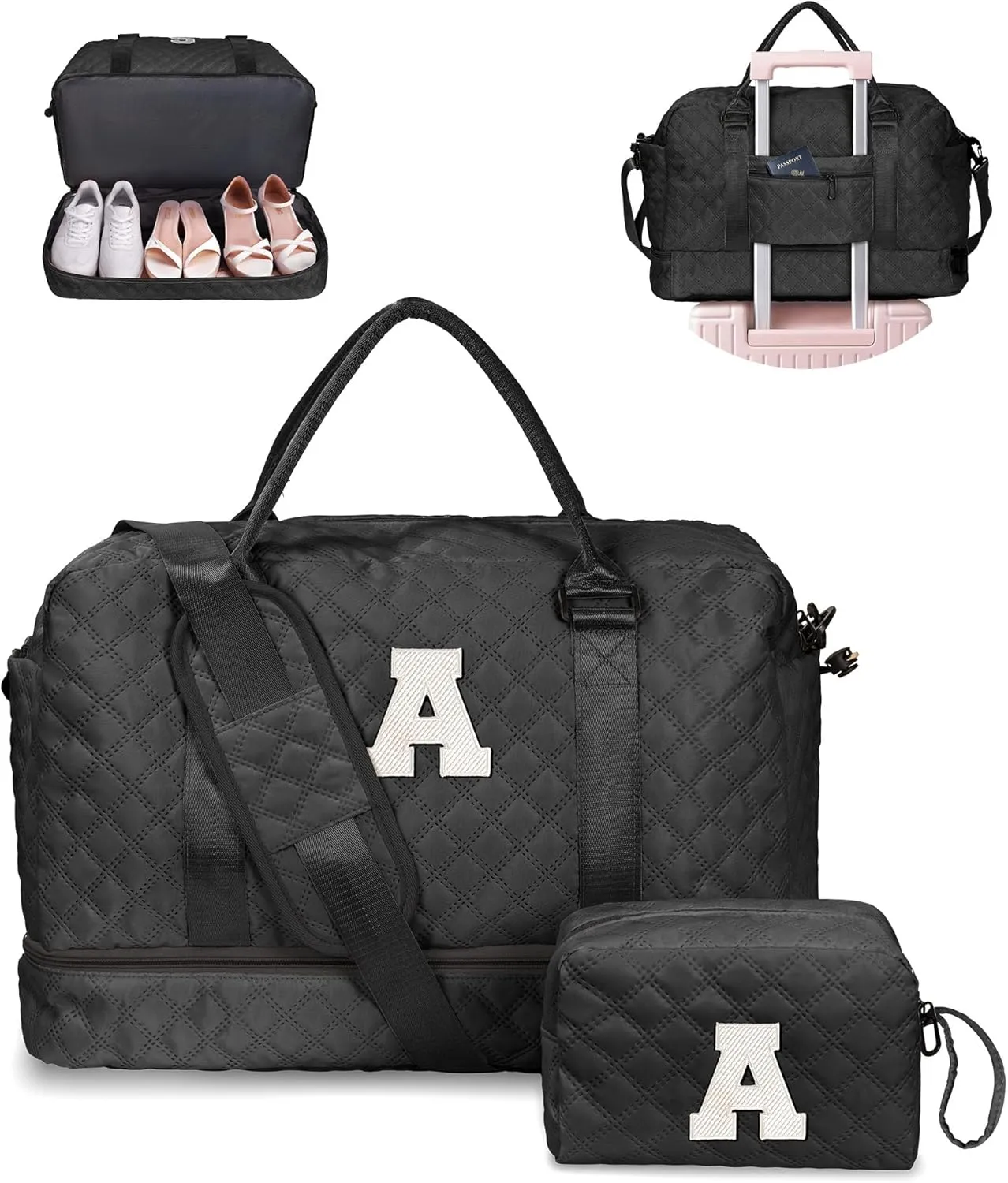 Mothers Day Gifts for Women-Initial Duffle Bag with Shoe Compartment, Personalized Weekender Bags, Monogram Overnight Bag for Women, Letter Travel Bags with Makeup Pouch (Letter A)
