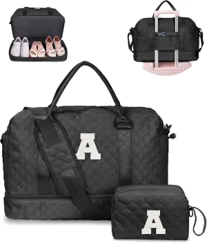 Mothers Day Gifts for Women-Initial Duffle Bag with Shoe Compartment, Personalized Weekender Bags, Monogram Overnight Bag for Women, Letter Travel Bags with Makeup Pouch (Letter A)
