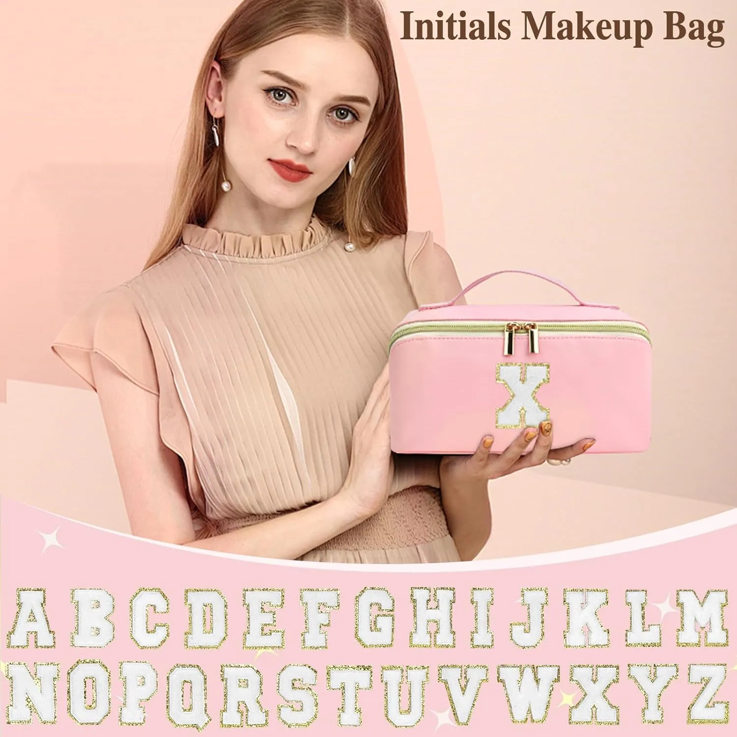 Mothers Day Gifts - Initial Makeup Bag for Teen Girl Gifts Trendy Stuff - Travel Cosmetic Bags for Women - PU Leather Toiletry Bag Make Up Pouch - Personalized Skincare Bag Birthday Gifts - Pink A