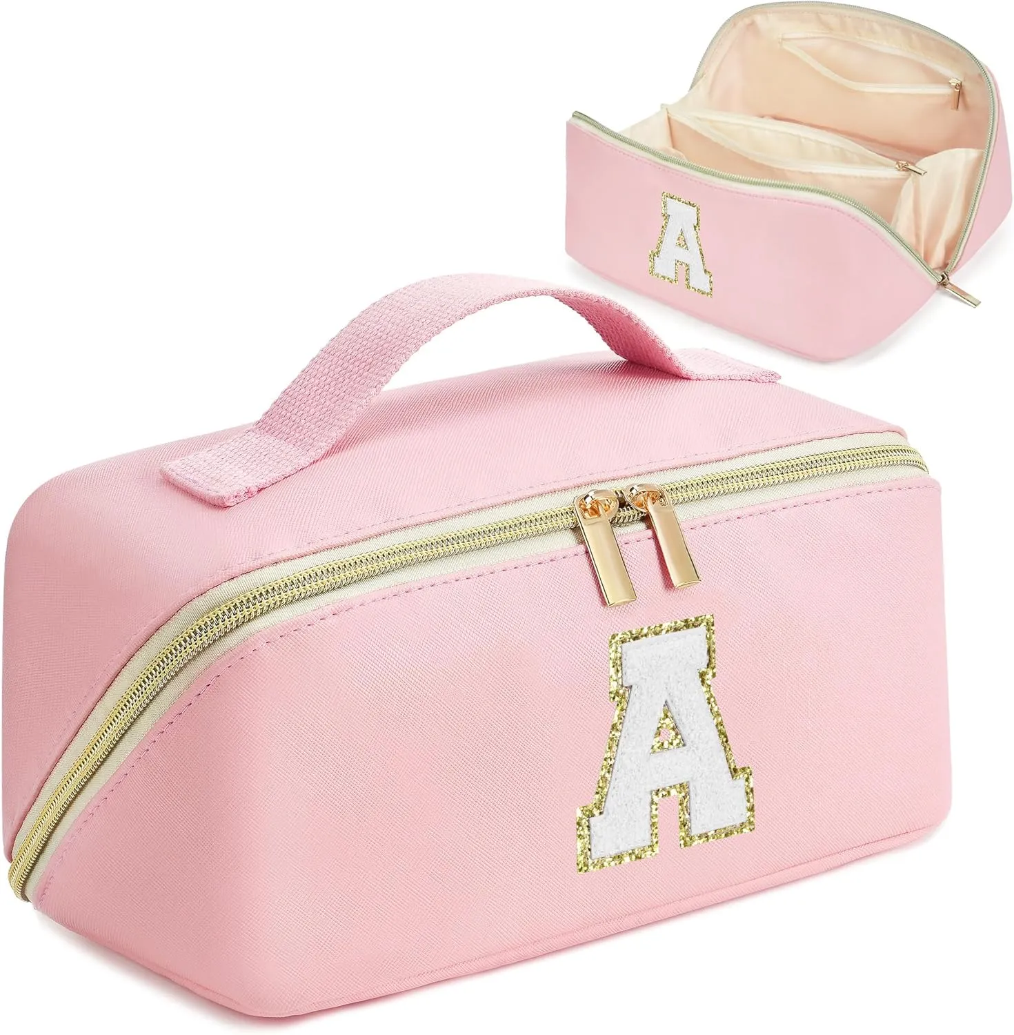 Mothers Day Gifts - Initial Makeup Bag for Teen Girl Gifts Trendy Stuff - Travel Cosmetic Bags for Women - PU Leather Toiletry Bag Make Up Pouch - Personalized Skincare Bag Birthday Gifts - Pink A