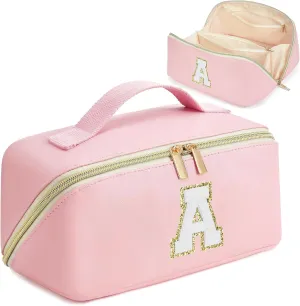 Mothers Day Gifts - Initial Makeup Bag for Teen Girl Gifts Trendy Stuff - Travel Cosmetic Bags for Women - PU Leather Toiletry Bag Make Up Pouch - Personalized Skincare Bag Birthday Gifts - Pink A