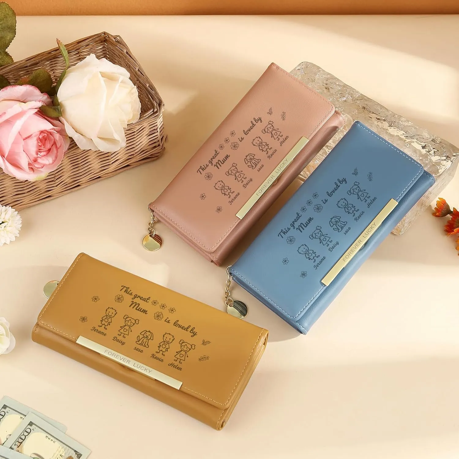 Mothers Day Gifts - Personalized Wallets for Women Custom Name & Photo, Large Capacity Leather Wallet for Mom Grandmother Wife Birthday Anniversary Christmas (5 Names)