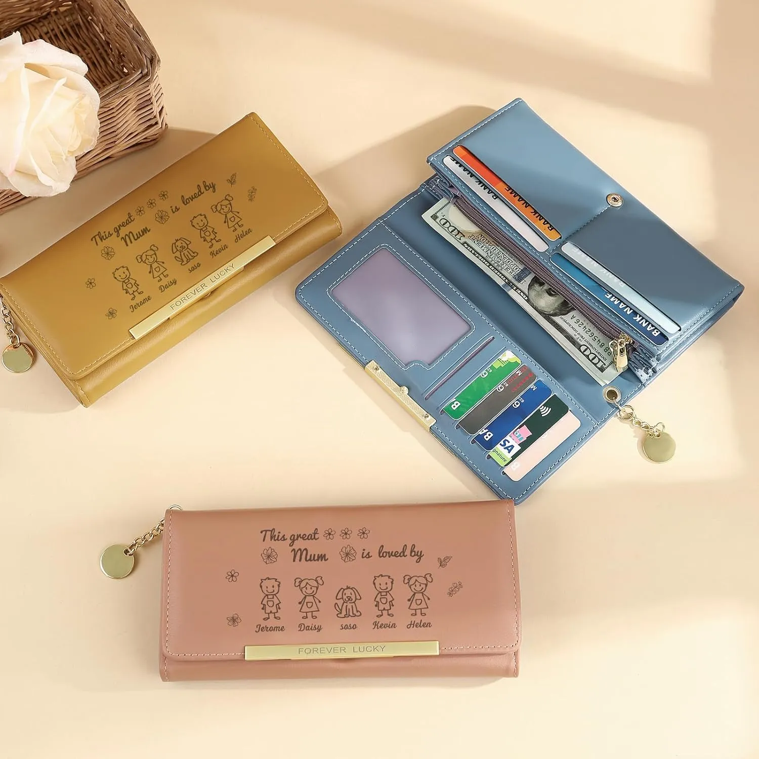 Mothers Day Gifts - Personalized Wallets for Women Custom Name & Photo, Large Capacity Leather Wallet for Mom Grandmother Wife Birthday Anniversary Christmas (5 Names)