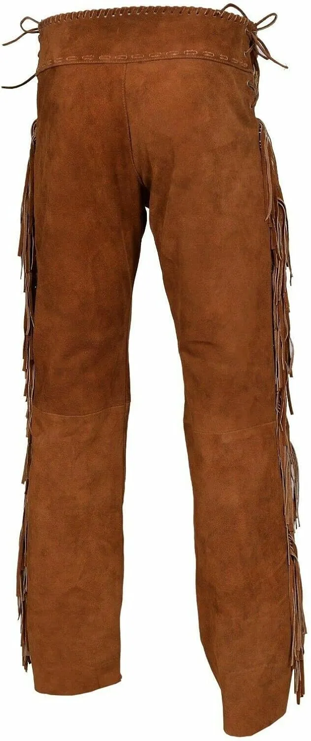 Mount Helicon Men's Native American Buckskin/Deerskin Suede Leather Pant Fringes Red Indian Cowboy Reenactment Mountain Man
