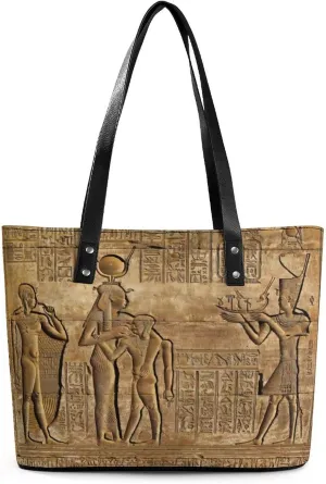 Murals And Hieroglyphs on Ancient Egypt Temple Wall Women Tote Bags Top Handle Satchel Handbags Faux Leather Tassel Shoulder Purse
