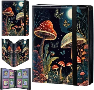 Mushroom Butterflies Moon Pattern Trading Card Binder with 4 Pockets, 400 Cards Slot, Faux Leather Material