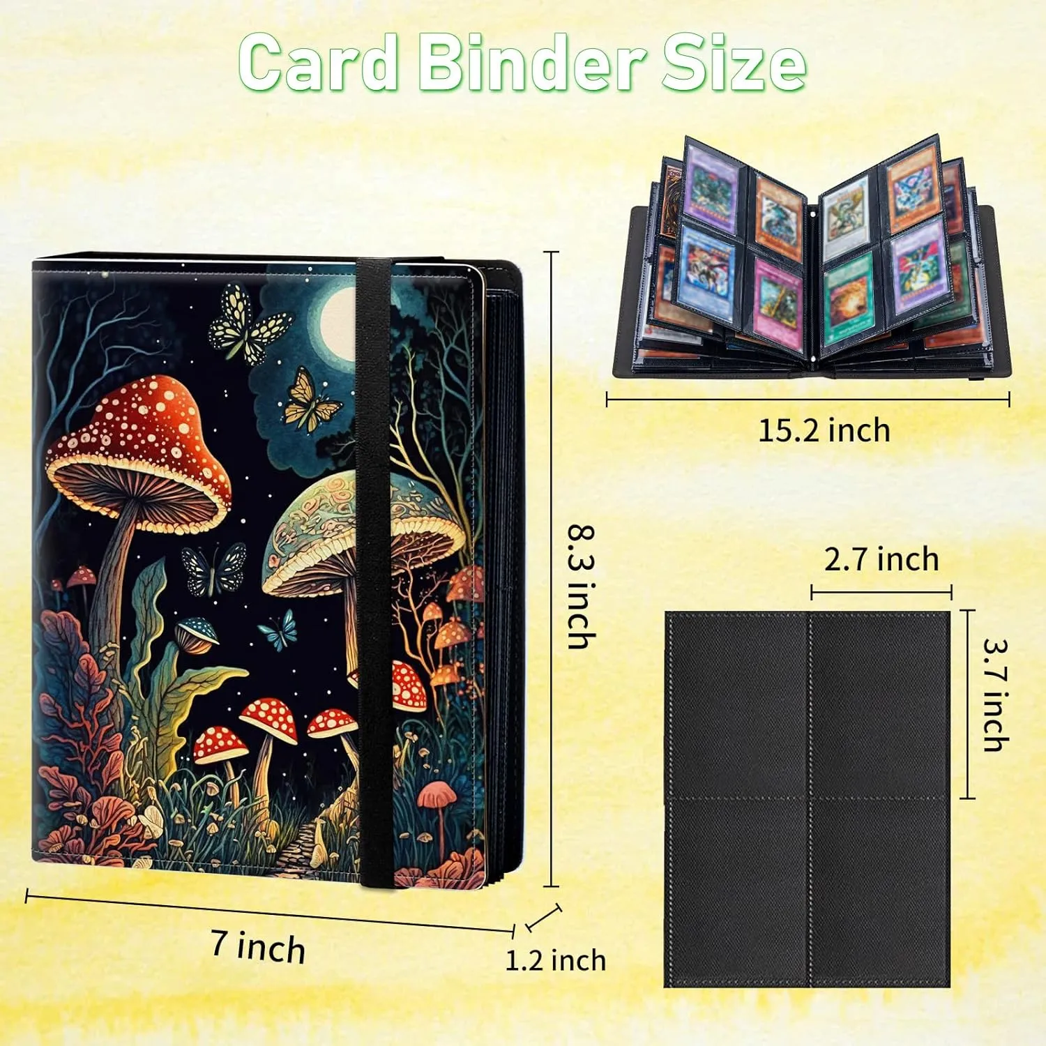 Mushroom Butterflies Moon Pattern Trading Card Binder with 4 Pockets, 400 Cards Slot, Faux Leather Material
