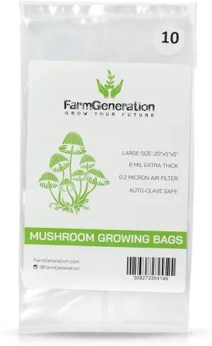 Mushroom Grow Bags 10-Pack, 0.2 Micron Filter, Extra Strong Thick 6 Mil Bags Breathable Autoclavable CO2 Myco Spawn Growing Bag, Large Size 20*5*5 inch FRM-BAGS-10