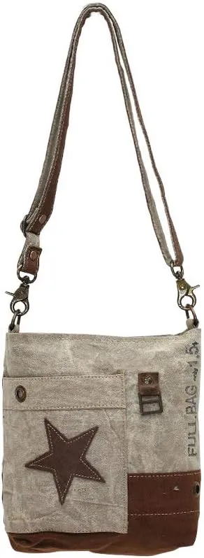 Myra Bag Leather Star Upcycled Canvas Medium Corssbody Bag M-0898