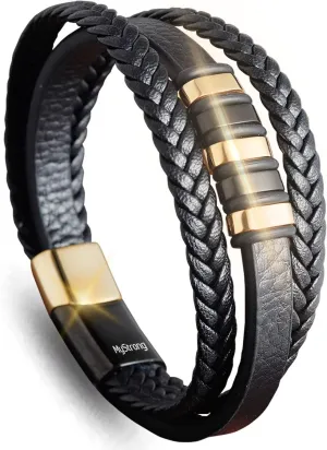MyStrong Genuine Leather Mens Bracelet - Premium Braided Leather Bracelet for Men and Women with Stainless Steel Magnetic Clasp - Multi-layer Braided Bracelets for Men - Leather Cuff Boys Bracelet