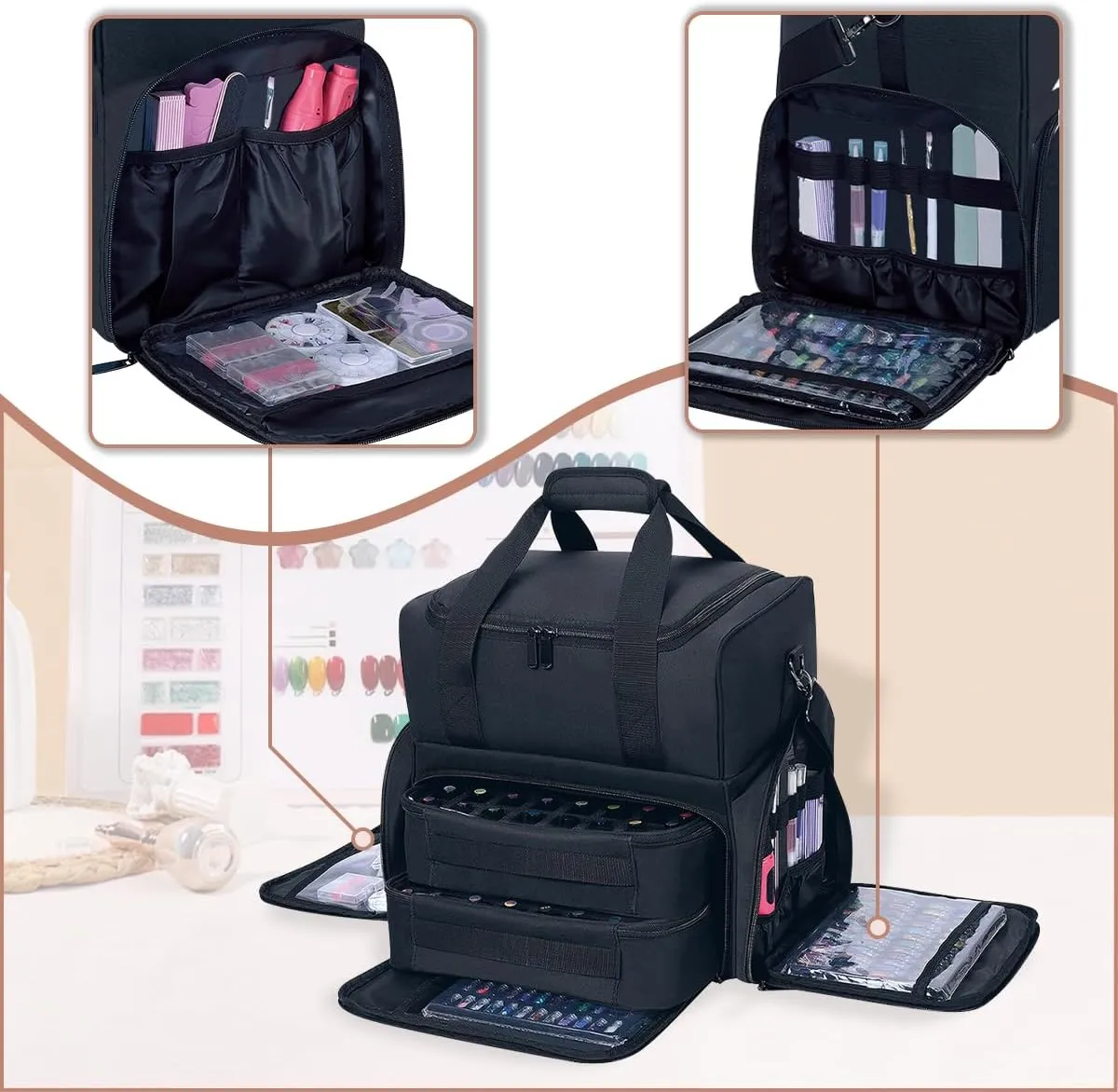 Nail Polish Organizer Holds 80 Bottles (15ml - 0.5 fl.oz) and a Nail Lamp,Nail Polish Case with 2 Removable Bags and Tools Storage Sections Black