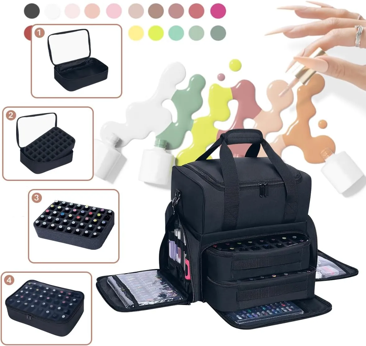 Nail Polish Organizer Holds 80 Bottles (15ml - 0.5 fl.oz) and a Nail Lamp,Nail Polish Case with 2 Removable Bags and Tools Storage Sections Black