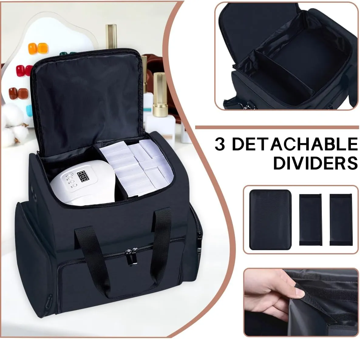 Nail Polish Organizer Holds 80 Bottles (15ml - 0.5 fl.oz) and a Nail Lamp,Nail Polish Case with 2 Removable Bags and Tools Storage Sections Black