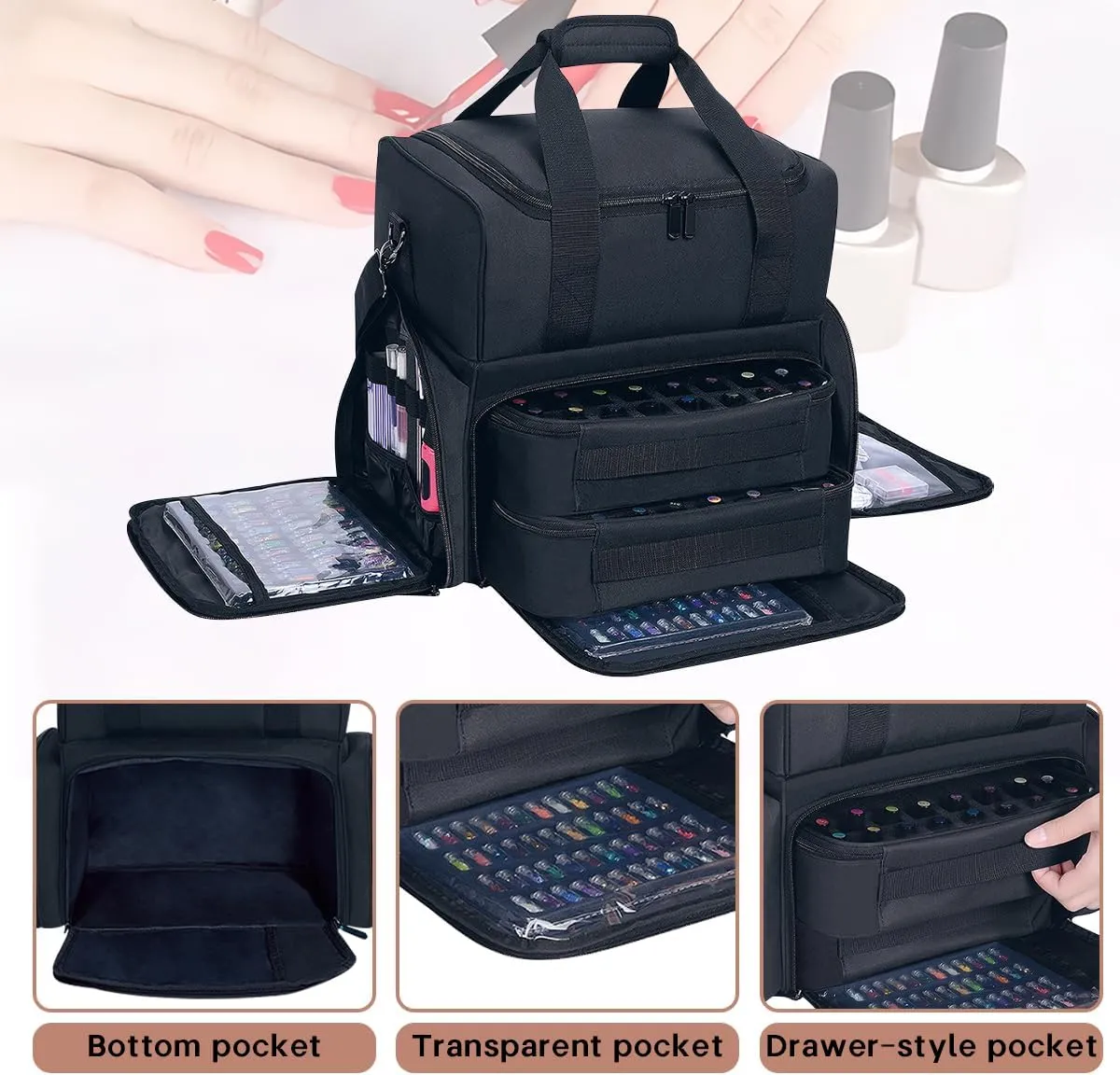 Nail Polish Organizer Holds 80 Bottles (15ml - 0.5 fl.oz) and a Nail Lamp,Nail Polish Case with 2 Removable Bags and Tools Storage Sections Black