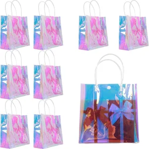 Naisidas 8 Pcs Holographic Small Gift Bags 7.9x7.9x3.1 Clear Reusable Iridescent Birthday Gift Bag for Women Girls Bachelorette Party Wedding Christmas with Handle