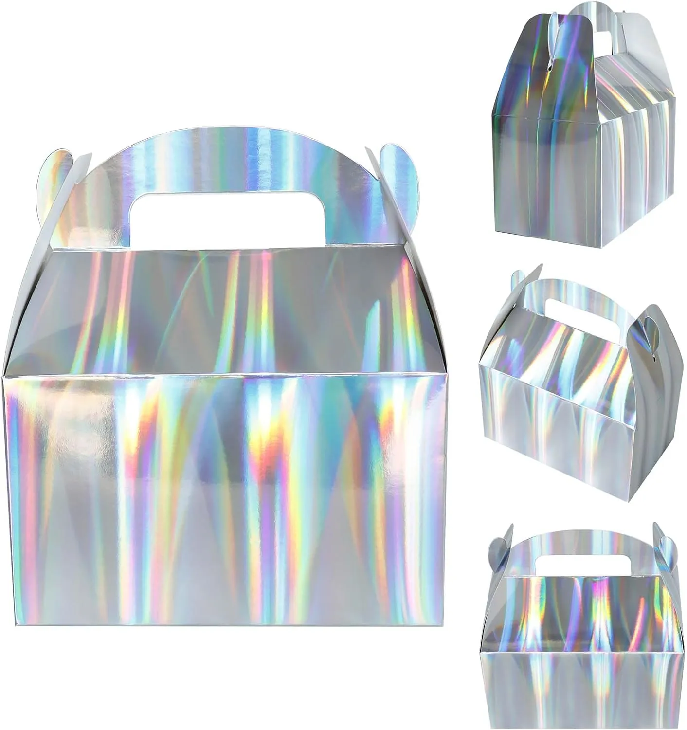 Naleyber Shiny Rainbow Party Favor Boxes 24pcs Iridescent Silver Gift Gable Treat Boxes Candy Snacks Goodie Bags Cookie Box for Birthday Wedding Christmas Baby Shower