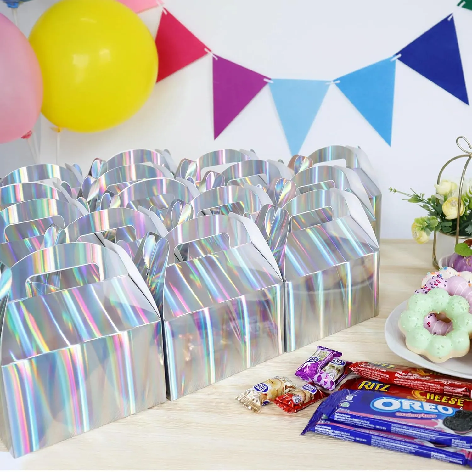 Naleyber Shiny Rainbow Party Favor Boxes 24pcs Iridescent Silver Gift Gable Treat Boxes Candy Snacks Goodie Bags Cookie Box for Birthday Wedding Christmas Baby Shower