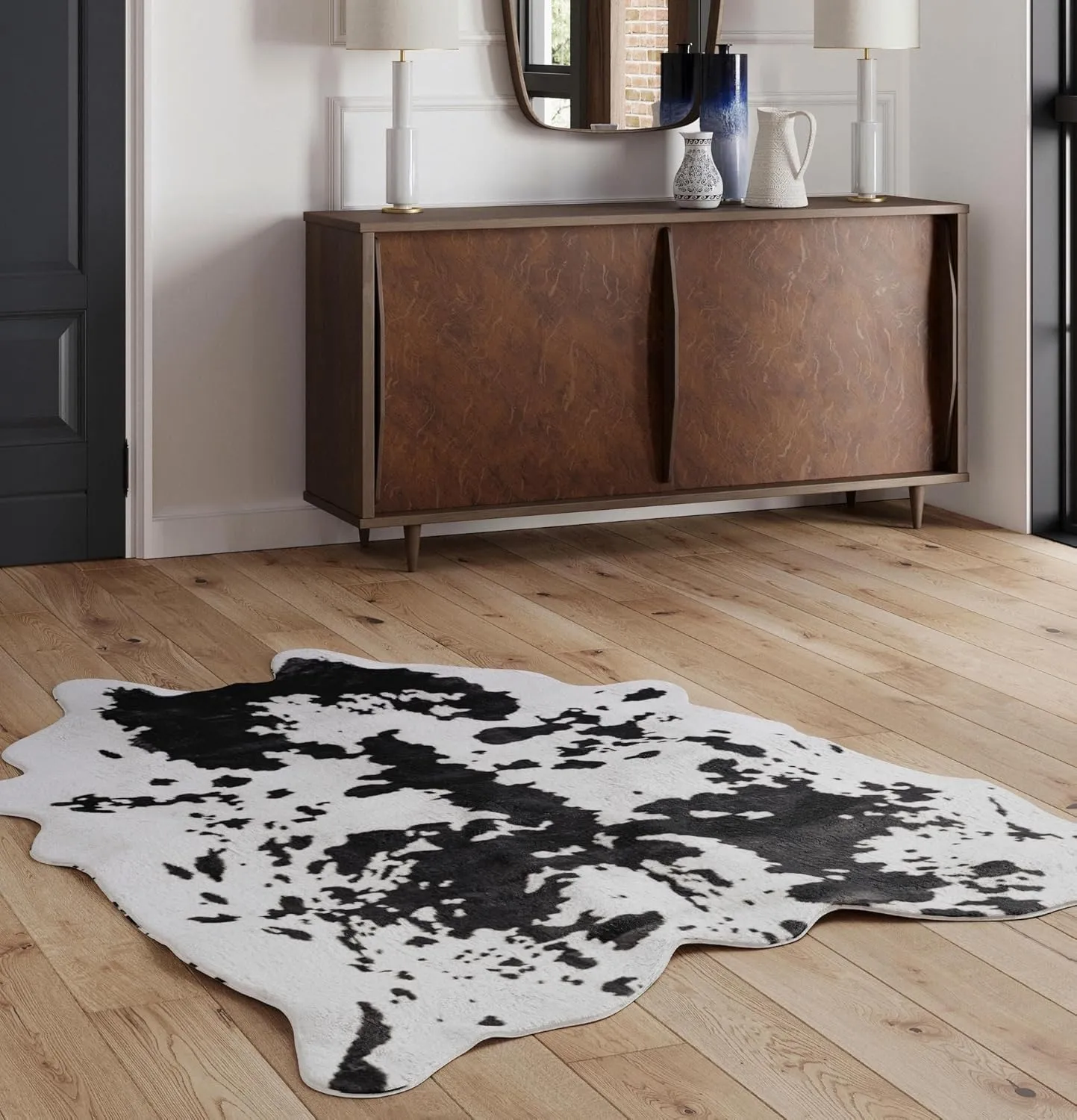 NativeSkins Faux Cowhide Rug – Black and White (Large) | 4.6ft x 6.6ft | Cow Print | Western Bedroom Decor | Hand-Cut, Faux Suede No-Slip Backing | Western Rug | Animal Print | Cow Hide