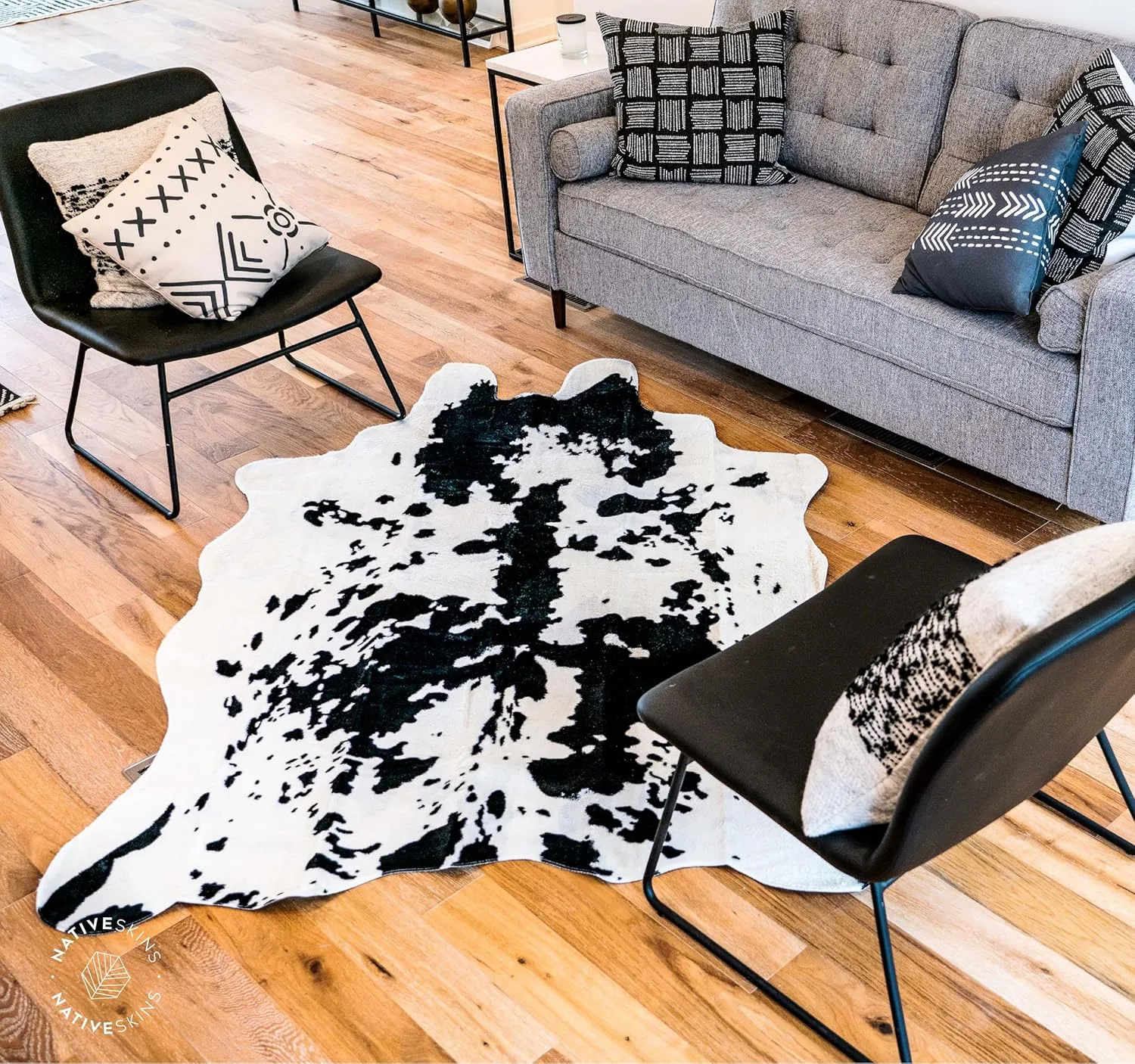 NativeSkins Faux Cowhide Rug – Black and White (Large) | 4.6ft x 6.6ft | Cow Print | Western Bedroom Decor | Hand-Cut, Faux Suede No-Slip Backing | Western Rug | Animal Print | Cow Hide